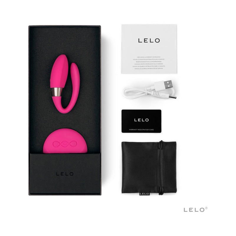 LELO TIANI 2 Dual Stimulation Couples Vibrator with Remote Cerise in packaging with accessories.