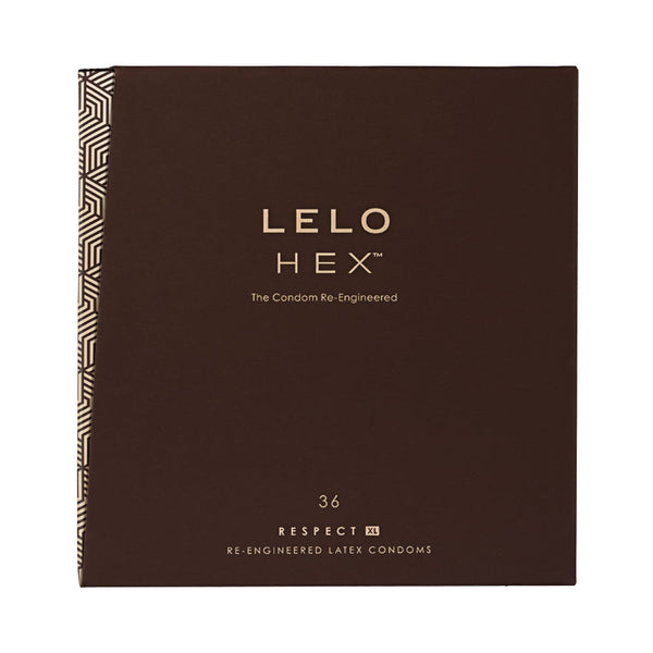LELO HEX Respect XL Lubricated Latex Condoms 36 Pack packaging with elegant design.