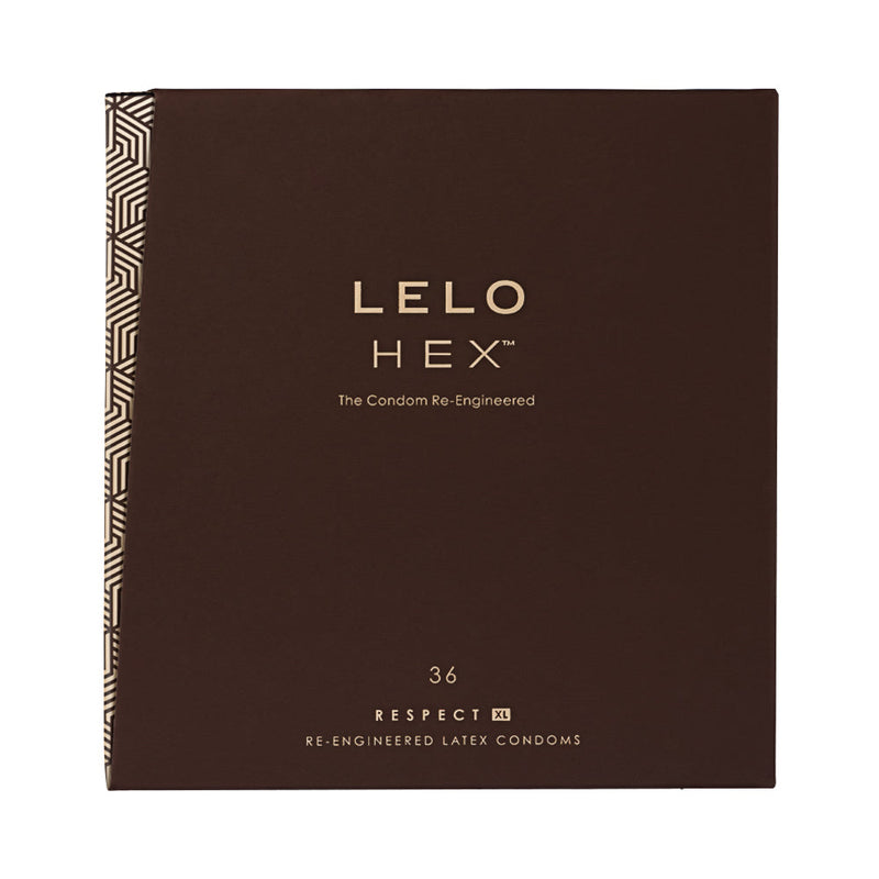LELO HEX Respect XL Lubricated Latex Condoms 36 Pack packaging with elegant design.