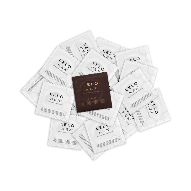 LELO HEX Respect XL Lubricated Latex Condoms 36 Pack arranged in a creative layout on a white background.