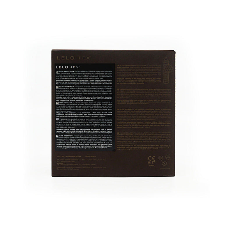 LELO HEX Respect XL Lubricated Latex Condoms 36 Pack box showing product details and information.
