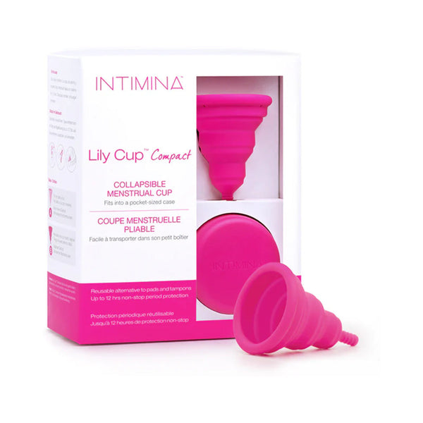 INTIMINA Lily Cup Compact Collapsible Menstrual Cup Size B in pink packaging with cup inside.