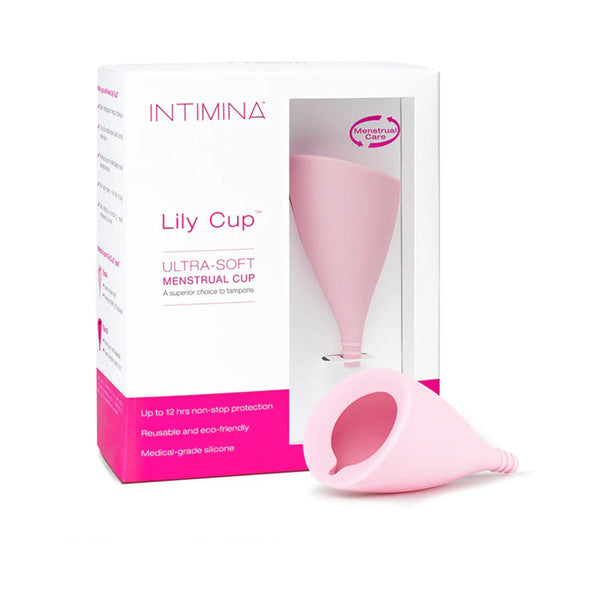 INTIMINA Lily Cup Ultra Soft Menstrual Cup Size A in packaging with medical-grade silicone design.