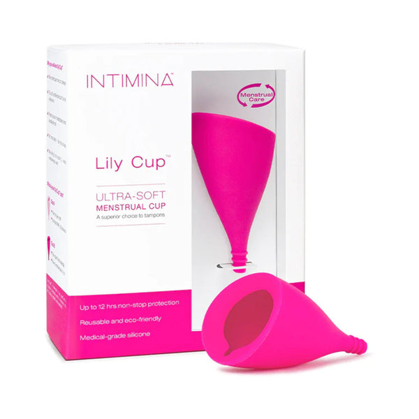 INTIMINA Lily Cup Ultra Soft Menstrual Cup Size B packaging with cup displayed, highlighting eco-friendly period care.
