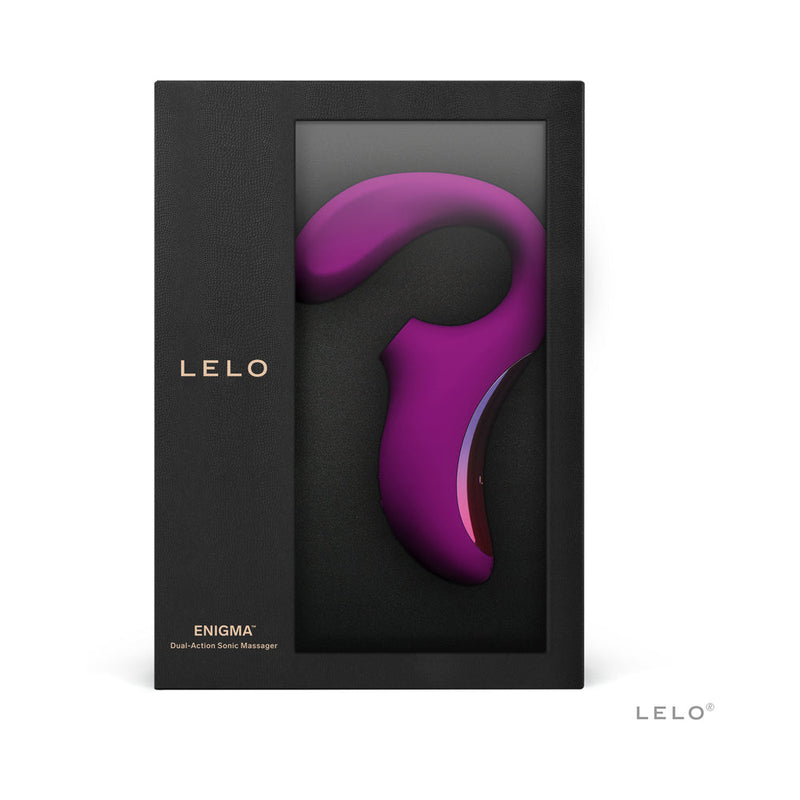 LELO ENIGMA Suction Dual Stimulator Deep Rose packaging featuring ergonomic design and luxurious look.