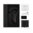 LELO ENIGMA Suction Dual Stimulator Black in a sleek gift box with accessories and manuals.