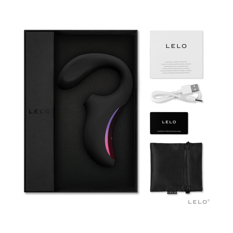 LELO ENIGMA Suction Dual Stimulator Black in a sleek gift box with accessories and manuals.
