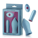 FemmeFunn Versa T Bullet Vibrator & Tongue-Shaped Sleeve Blue packaging showcasing the vibrator and sleeve.