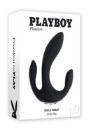 Playboy Triple Threat Silicone Multi Vibrator Black packaging featuring sleek design for multi-point stimulation.