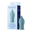 FemmeFunn Versa T Sleeve Tongue-Shaped Bullet Sheath Light Blue in packaging with liquid silicone material.