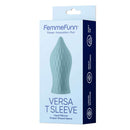 FemmeFunn Versa T Sleeve Tongue-Shaped Bullet Sheath Light Blue packaging showcasing innovative design in soft silicone.