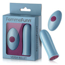 FemmeFunn Versa Bullet Remote Controlled Vibrator Blue in packaging with device and controller.