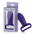 FemmeFunn Versa P Sleeve Textured Silicone Bullet Sheath Dark Purple in packaging, displaying textured silicone material.