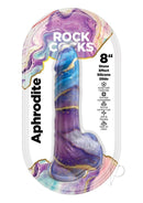 Rock Cocks Aphrodite Silicone Dildo 8 Inch Multicolor with stone effect in vibrant shades of purple and blue.