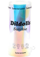Love to Love Dildolls Sunrise Silicone Dildo Pink packaging featuring vibrant colors and detailed labels.