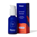 Dame Arousal Serum 1 Oz, a plant-based arousal enhancer in a blue bottle with a white pump, for heightened pleasure.