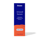 Dame Arousal Serum 1 Oz packaging featuring stimulating peppermint and cinnamon, plant-based formula.
