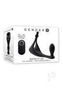 Gender X Back It Up Vibrating Butt Plug with Remote Black packaging, showing design and remote control features.