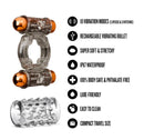 Stay Hard Cock Ring Set with Sleeve & 2 Bullets showcasing features and benefits of the vibrating cock ring set.