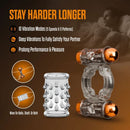 Stay Hard Cock Ring Set with Sleeve & 2 Bullets features 10 vibration modes and deep vibrations for enhanced performance.