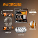Stay Hard Cock Ring Set with Sleeve & 2 Bullets includes vibrating bullet, C-ring, and textured sleeve.