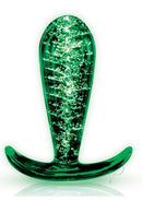Whipsmart Glass Butt Plug with Curved Base 3.5 Inch Clear in vibrant green with glittering elements.