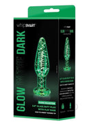 Whipsmart Glass Butt Plug with Flat Base 3.5 Inch Clear packaging showcasing a glow in the dark feature.