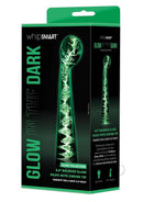 Whipsmart 6.5 Inch Glass Dildo with Curved Base Clear packaging showcasing a glow-in-the-dark design and G-spot targeting.