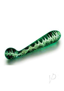 Whipsmart 6.5 Inch Glass Dildo with Curved Base Clear in a glowing green design showcasing a sleek texture.