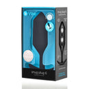 b-Vibe Snug Plug 6 Weighted Silicone Anal Plug Black packaging showcasing its features and brand.