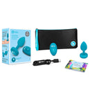 b-Vibe Vibrating Jewel Remote-Controlled Anal Plug Blue S M with packaging, remote, USB charger, and guide.