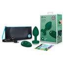 b-Vibe Vibrating Jewel Remote-Controlled Anal Plug Emerald M L, packaging, USB charger, and storage pouch displayed.