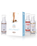 EXSENS of Paris Let's Travel Massage Oil Set featuring massage gels in Hot Vanilla, Strawberry, and Coconut flavors.
