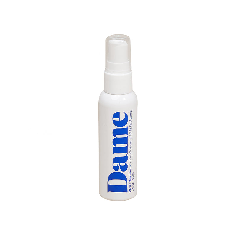 Dame Hand and Vibe Sanitizer 2 Oz in a sleek bottle, designed for effective hand and intimate toy cleaning.