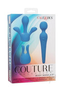 Couture Collection Rechargeable Silicone Body Wand Kit Blue packaging featuring three blue silicone wands.