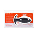 Tantus Neo Silicone Anal Plug Onyx packaging displaying its smooth tapered design and contoured base.