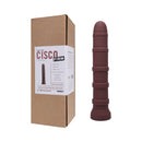 Tantus Cisco 10.75 Inch Firm Silicone Dildo Garnet beside its elegant packaging showcasing premium design.