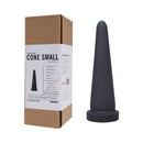 Tantus Cone Small Silicone Dildo Onyx next to its packaging, showcasing its tapered design and dimensions.