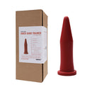 Tantus Inner Band Trainer 9 Inch Silicone Anal Dildo Ruby in box, displaying dimensions and materials.