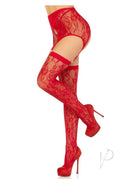 Leg Avenue Rachel Lace Thigh Highs and Garter Belt Red with delicate lace detailing and matching garter belt.