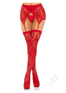 Leg Avenue Rachel Lace Thigh Highs and Garter Belt Red featuring lace detailing and a matching garter belt.