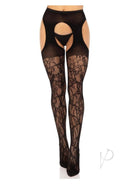 Leg Avenue Eyelet Rose Lace Suspender Hose One Size Black showcasing a romantic vintage-inspired design with delicate lace.