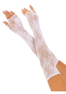 Leg Avenue Opera Length Floral Net Fingerless Gloves White showcasing elegant floral net design and open fingers.