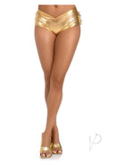 Leg Avenue Lame Ruffle Back Shorts Small Gold showcasing metallic shine and playful ruffles for a chic look.