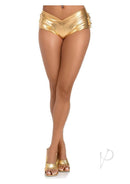 Leg Avenue Lame Ruffle Back Shorts Medium Gold displayed on model with golden legs and stylish shoes.