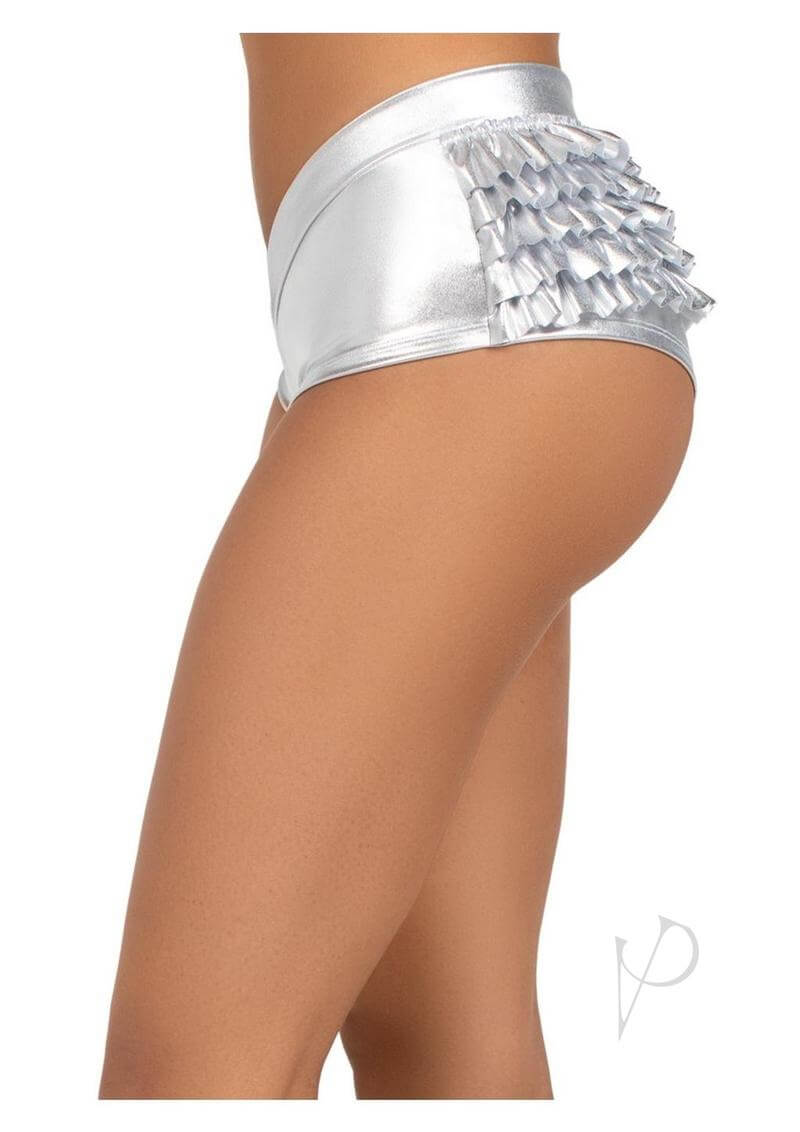 Leg Avenue Lame Ruffle Back Shorts Large Silver showing the shimmering silver metallic finish and ruffle detailing at the back.