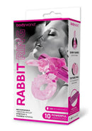 Bodywand Rechargeable Silicone Rabbit Cock Ring Pink packaging featuring a bunny-shaped clitoral stimulator.