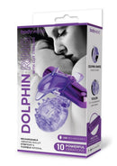 Bodywand Dancing Dolphin Vibrating Cock Ring Purple packaging featuring a dolphin-shaped stimulator and couple in embrace.