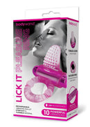 Bodywand Silicone Lick It Pleasure Cock Ring Pink packaging featuring vibrating ring and textured stimulator.