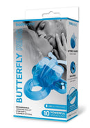 Bodywand Rechargeable Silicone Butterfly Cock Ring Blue packaging featuring a butterfly-shaped clitoral stimulator.